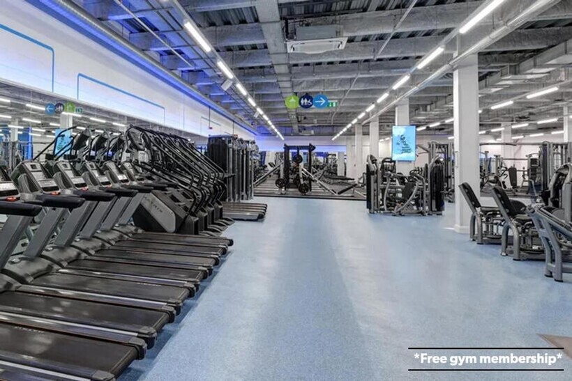 A spacious and modern gym equipped with a varie...