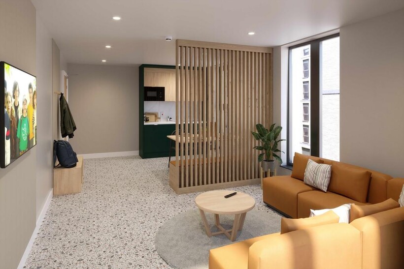 A spacious and stylish modern living room featu...