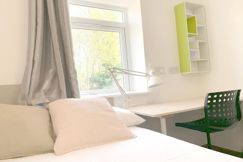 A bright and tidy single bedroom featuring a co...