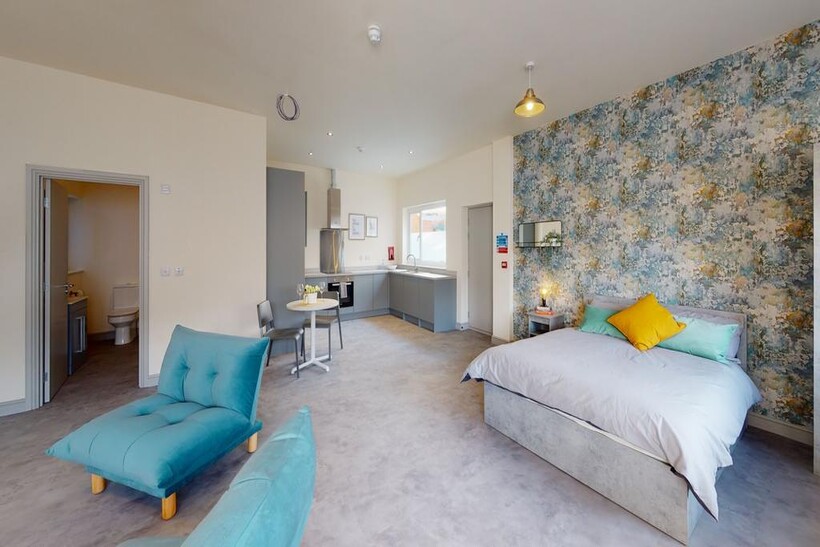 Bright and stylish living space with modern fur...