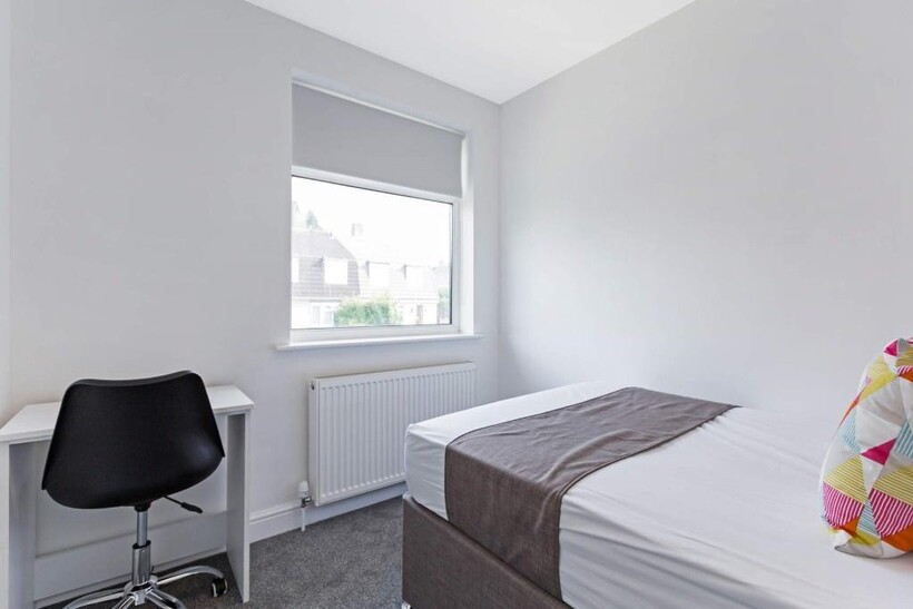 A bright and tidy single bedroom featuring a co...