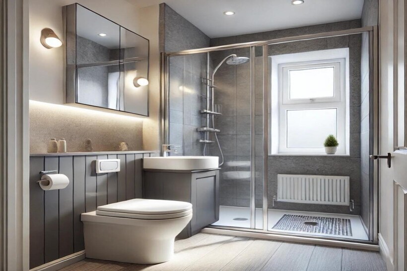 A modern and stylish bathroom featuring a spaci...