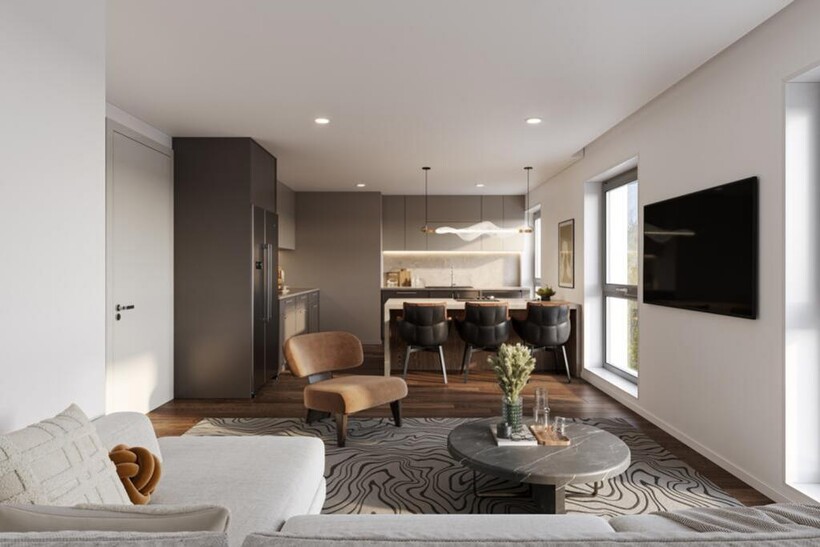 A spacious and stylish modern living room with ...