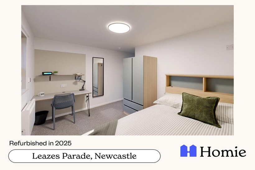 A bright and modern bedroom featuring a comfort...