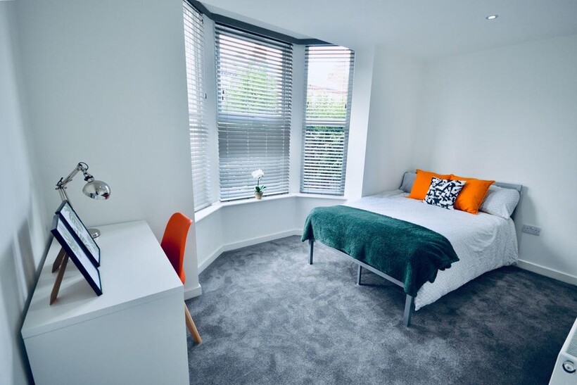 A bright and modern bedroom featuring a large b...