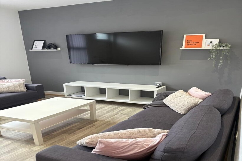 Contemporary living room with grey sofas, pale ...