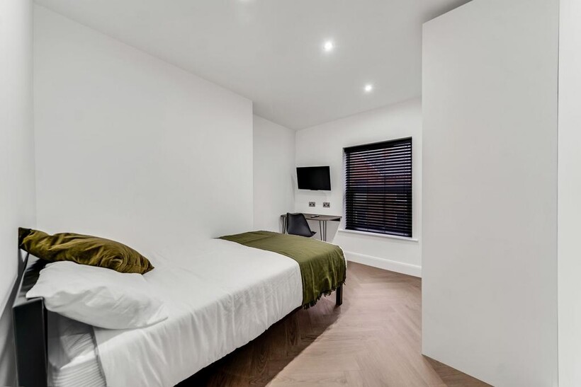 A bright and modern master bedroom featuring a ...