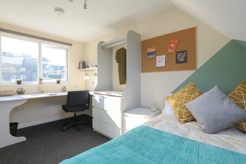 A bright, well-maintained bedroom featuring a d...