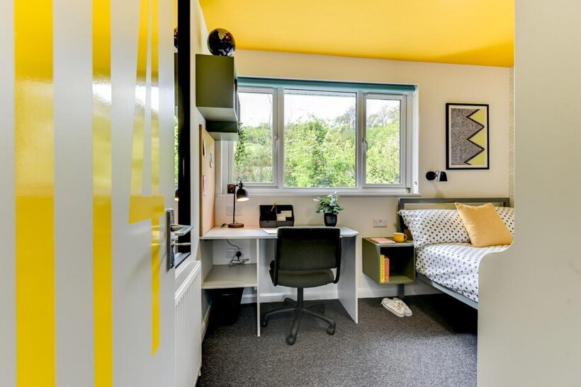 Bright, neatly furnished bedroom with a study d...